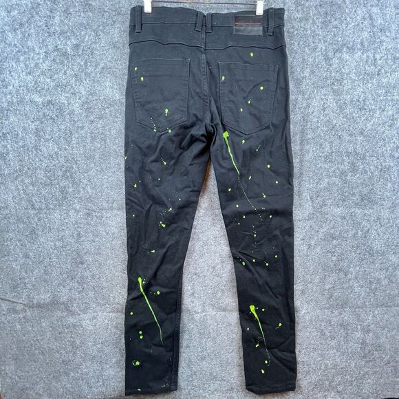 M Society Politically Incorrect Jeans Mens 32 Skinny Black Green Paint Splatter - Picture 2 of 8